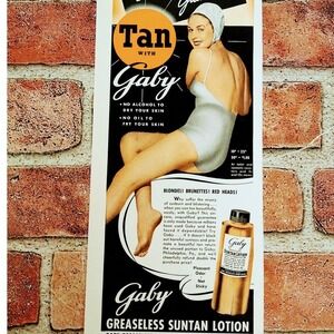 1941 Gaby Suntan Lotion Smiling Lady in Bathing Suit Original Vtg PRINT AD